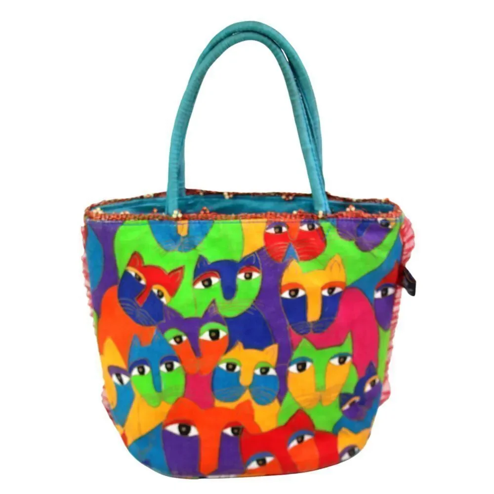 Laurel Burch MULTICOLOR COTTON CANVAS KAT BLUE HANDLES SATCHEL HANDBAG